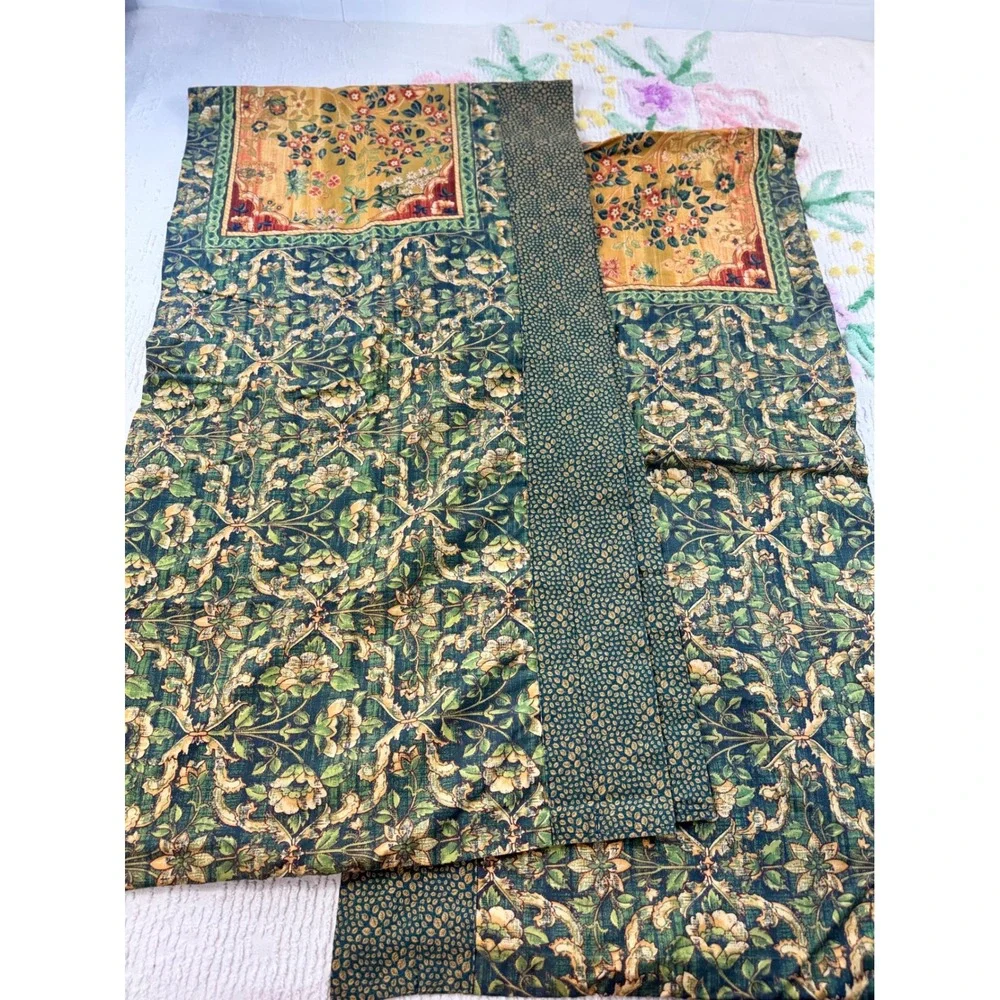 Vintage Floral Tapestry Window Treatment Set 5pc Green Gold Valance Tier Panels